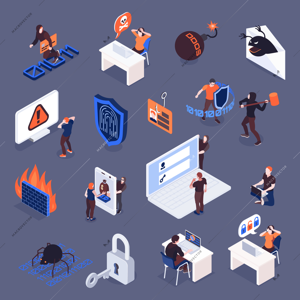 Cyber security and internet crimes isometric icons set 3d isolated vector illustration