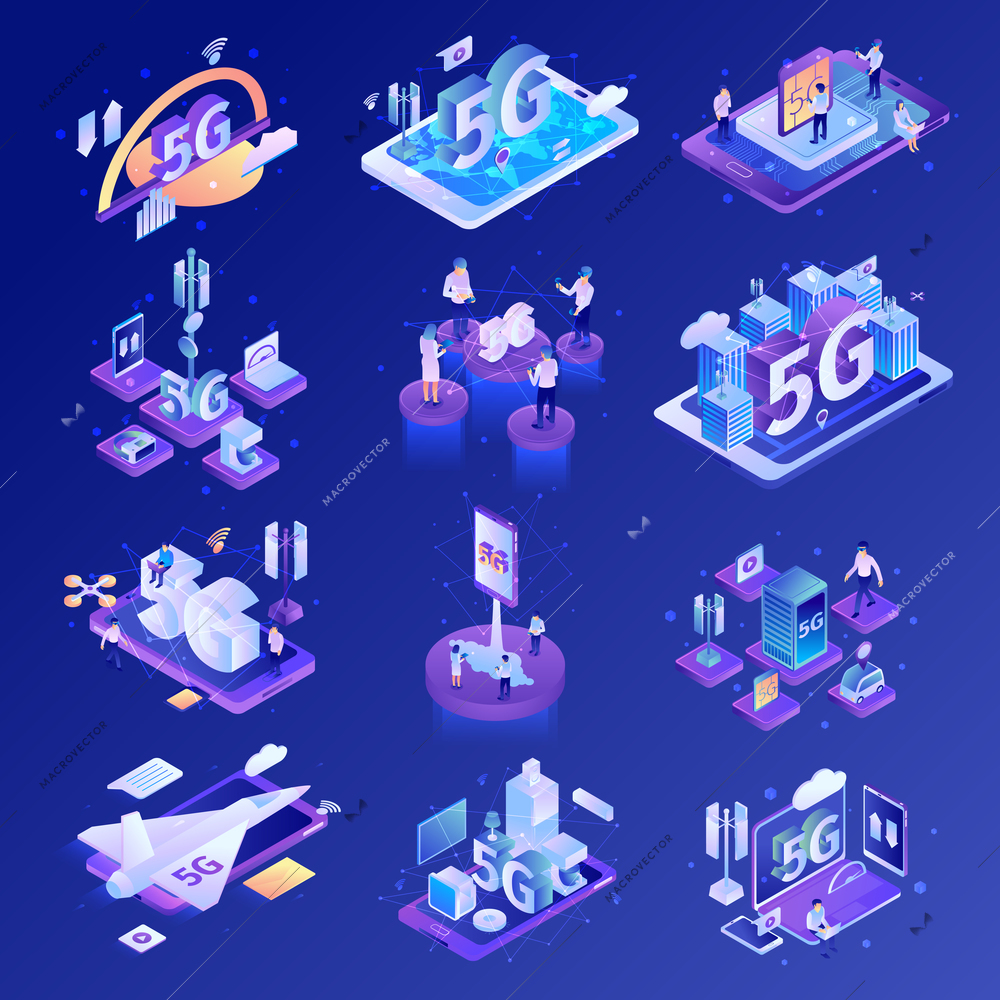 Isometric 5g internet technology set with isolated icons of electronic devices gadgets and network infrastructure elements vector illustration