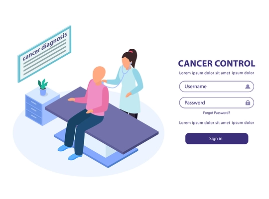 Cancer control sign in web page isometric background with doctor examining patient on medical couch vector illustration