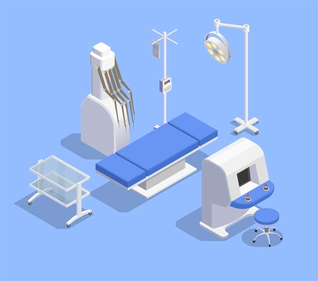 Medical equipment isometric composition with images of patient table therapeutic equipment and robotic manipulators with remote vector illustration