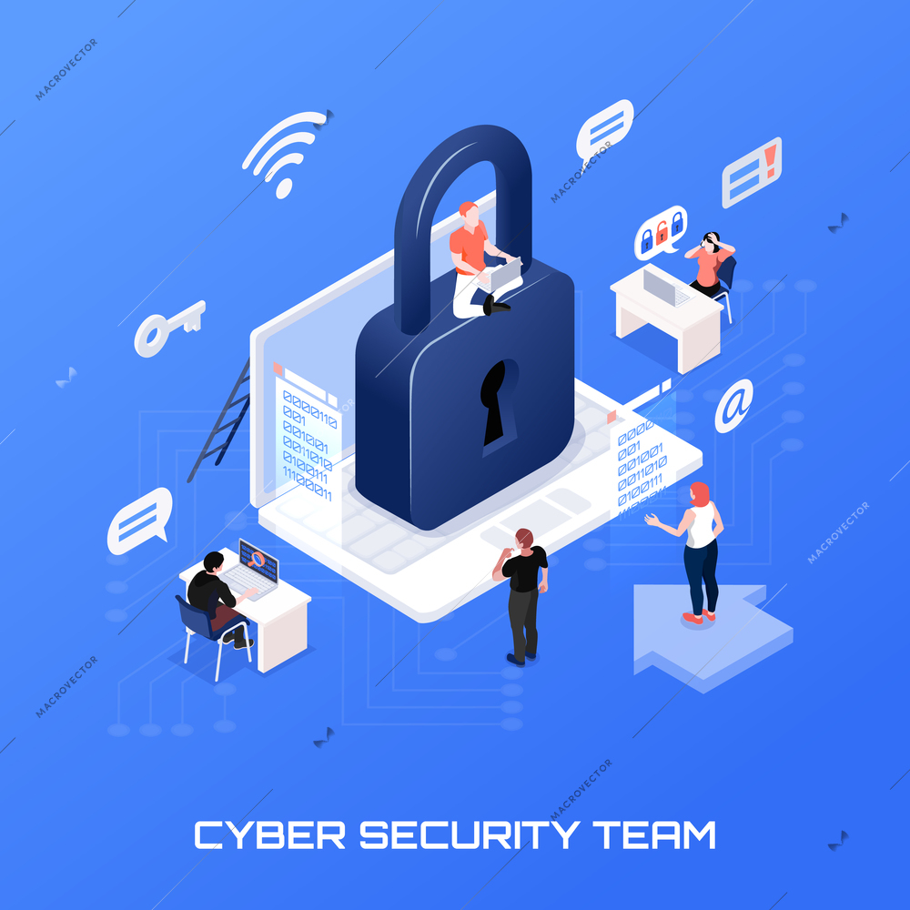 Cyber security team isometric concept on blue background 3d vector illustration