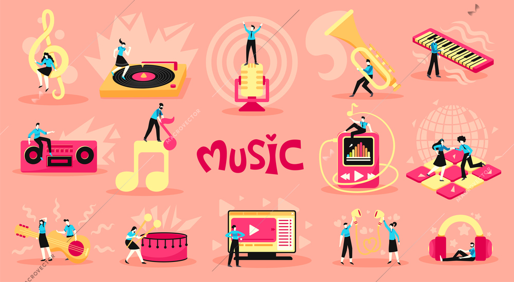 Music learning listening online flat set with electronic instruments computer treble clef guitar player background vector illustration