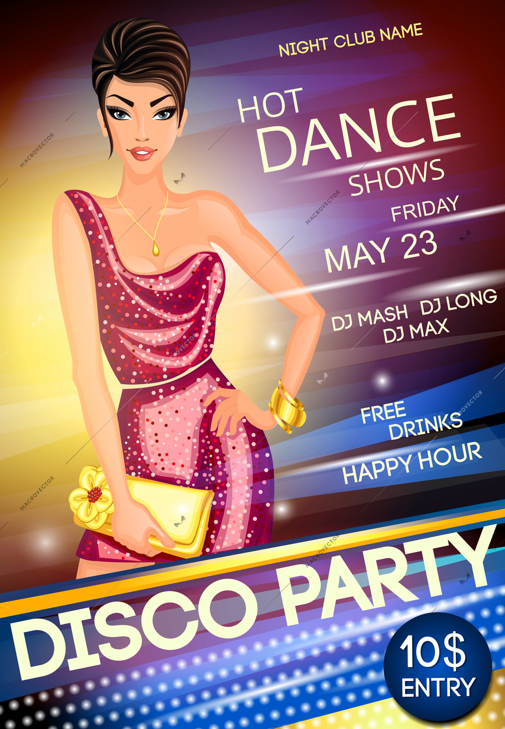 Disco party club music advertising promo creative poster with young attractive girl vector illustration