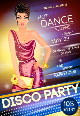 Disco party club music advertising promo creative poster with young attractive girl vector illustration