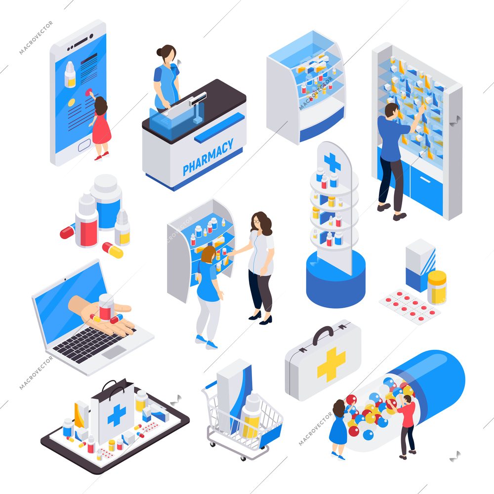 Pharmacy isometric colored icons set of visitors polite staff and stands of medicines isolated vector illustration