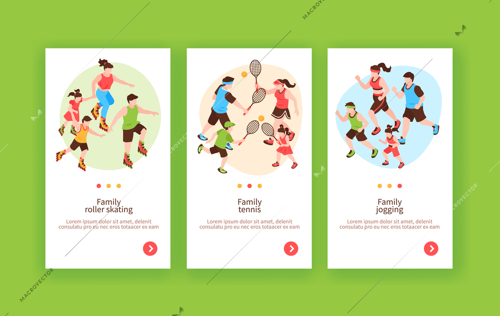 Sportive family outdoor activities 3 vertical web banners with jogging roller skating playing tennis together vector illustration