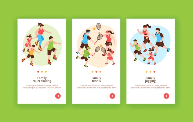 Sportive family outdoor activities 3 vertical web banners with jogging roller skating playing tennis together vector illustration