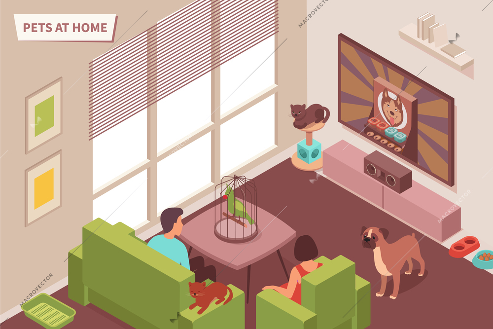 Pet home isometric composition with domestic room interior and human characters with animals and editable text vector illustration