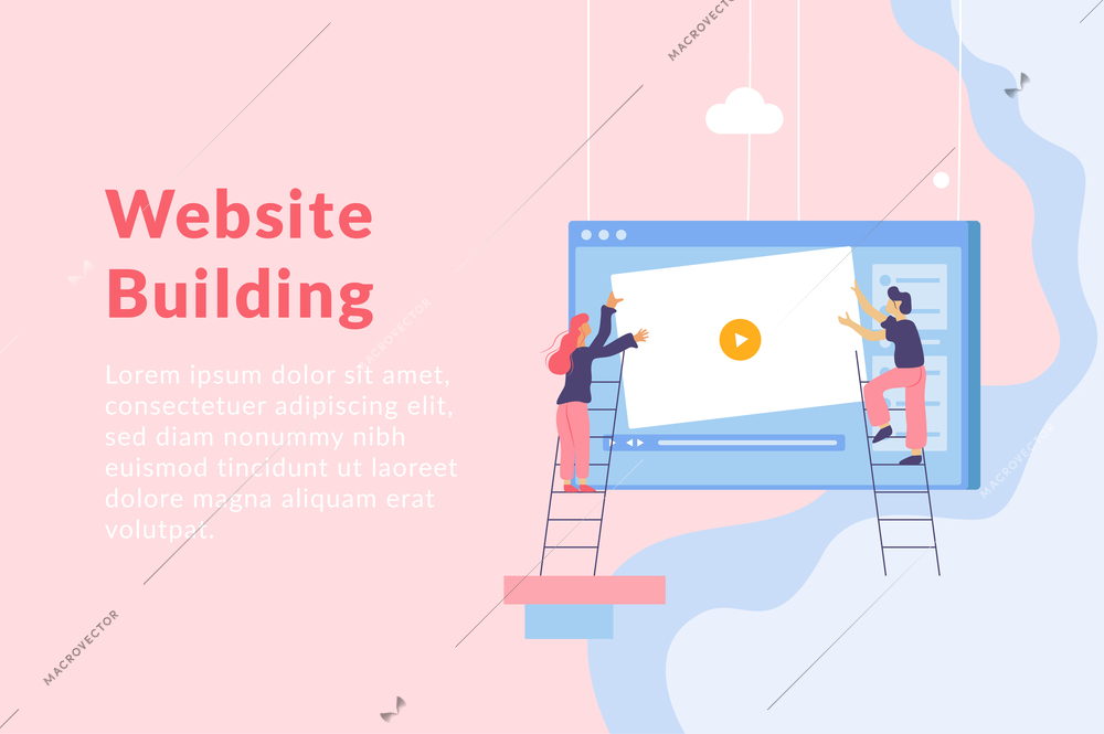 Web development flat background with composition on hanging computer screen window people on ladders and text vector illustration