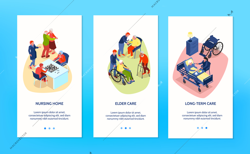 Treatment and care for elderly and disabled people in nursing home isometric vertical banners set isolated on blue background 3d vector illustration