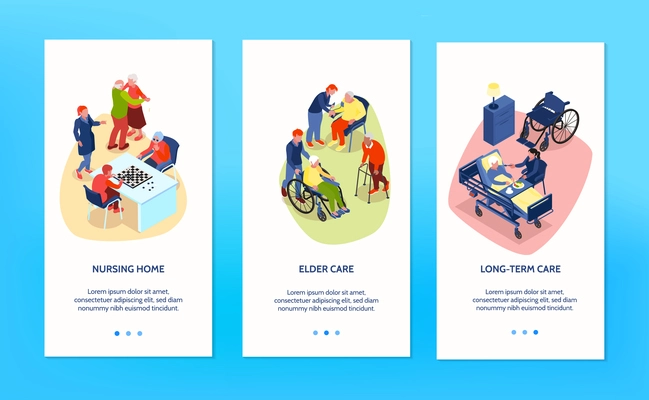 Treatment and care for elderly and disabled people in nursing home isometric vertical banners set isolated on blue background 3d vector illustration