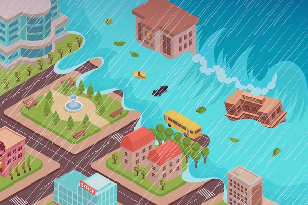 Flood disaster isometric composition with view of city being engulfed by the tidal wave with rain vector illustration