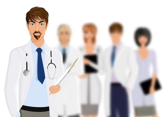 Serious male doctor with medical staff team isolated on white background vector illustration