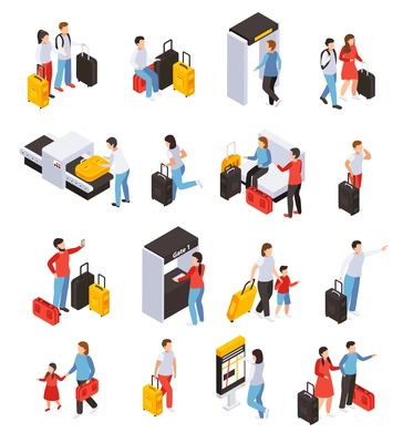 Traveling people icons set with luggage and tickets isometric isolated vector illustartion