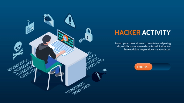 Cyber security isometric horizontal banner with hacker sitting in front of computer on blue background 3d vector illustration