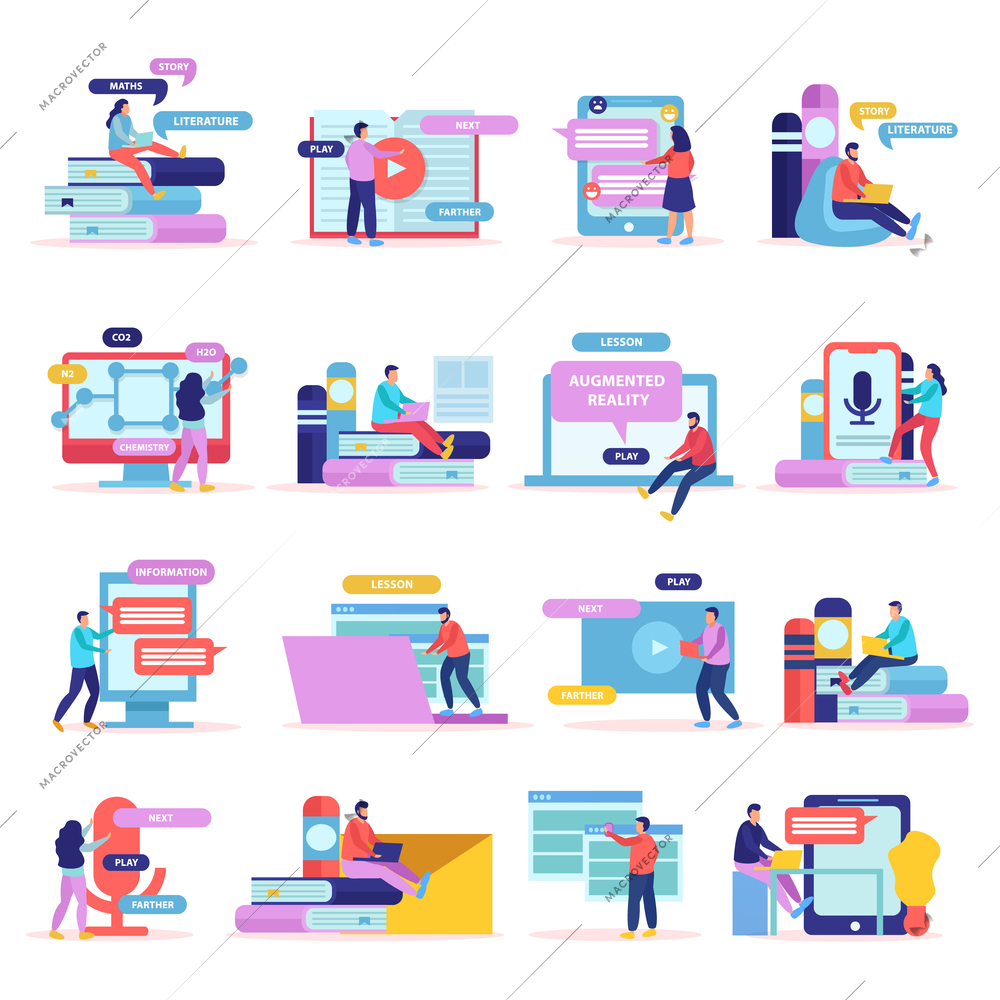 Online education flat icons collection with sixteen compositions of doodle human characters gadgets books and pictograms vector illustration