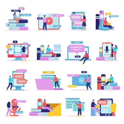 Online education flat icons collection with sixteen compositions of doodle human characters gadgets books and pictograms vector illustration