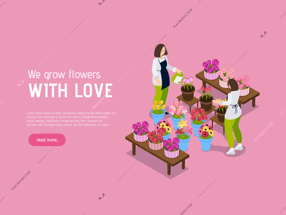 Flower shop rose landing page with isometric design and text we grow flowers with love vector illustration