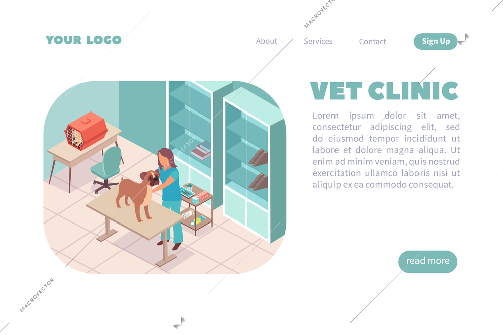 Web page vet clinic isometric website landing background with indoor composition editable text and clickable links vector illustration