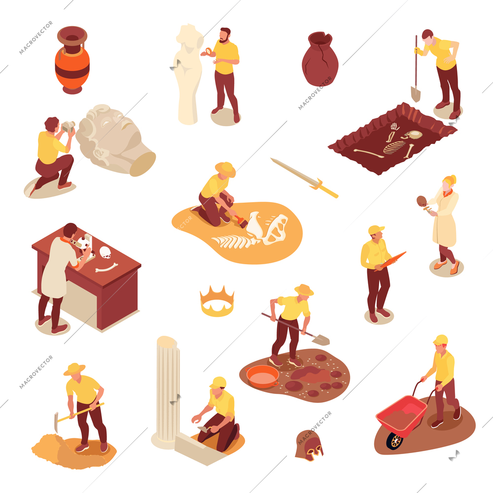 Archeology isometric icons set with scientists their equipment and ancient artifacts isolated on white background 3d vector illustration