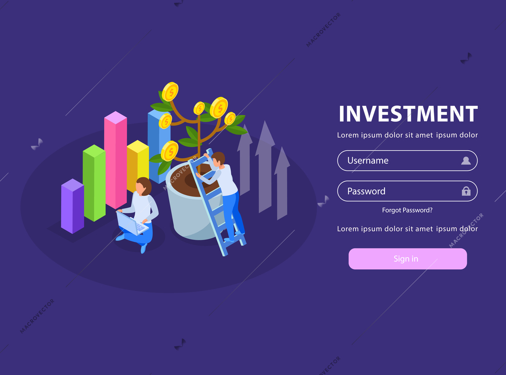 Investment isometric web site login page background with images of people money tree and infographic elements vector illustration