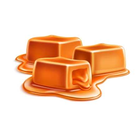 Caramel candles toffee realistic composition on blank background with cubic bars in puddle of liquid caramel vector illustration