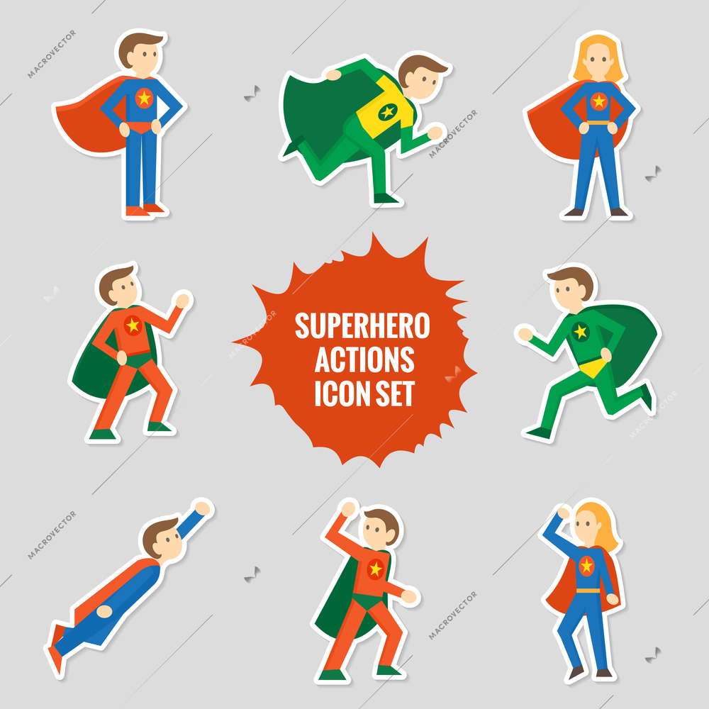 Set of comic character superheroes full body in sticker style vector illustration