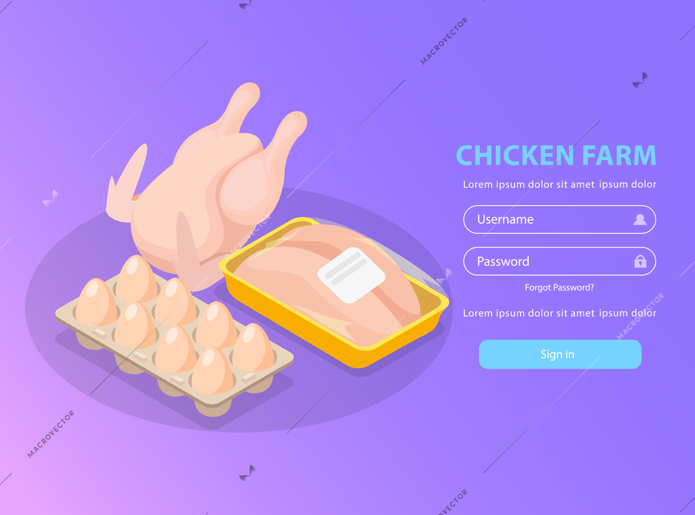 Chicken farm isometric background login page with editable text and images of broiler eggs and fillet vector illustration