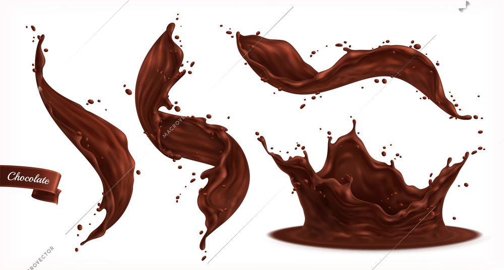 Chocolate splashes set of realistic isolated images with small drops and curvy flows on blank background vector illustration