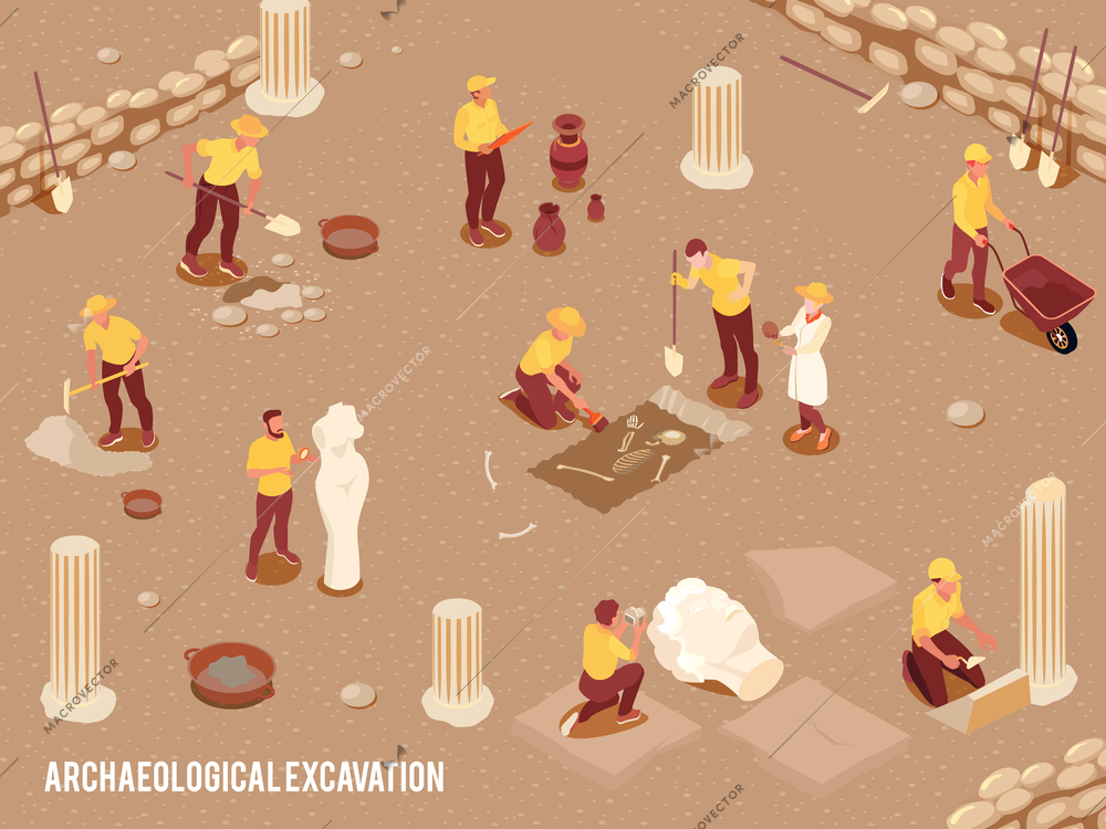 Archeology isometric background with archeological excavation of ancient artifacts process 3d vector illustration