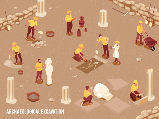 Archeology isometric background with archeological excavation of ancient artifacts process 3d vector illustration