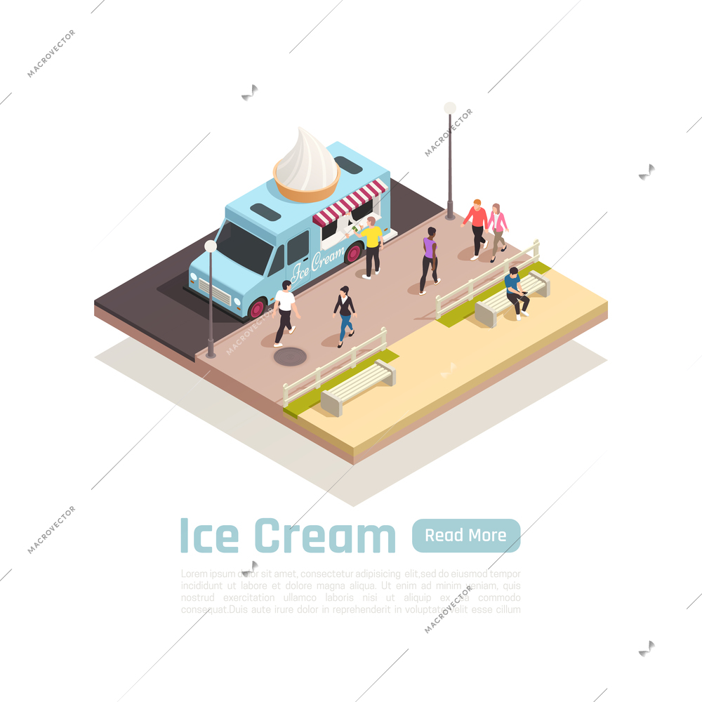 Street carts trucks isometric concept with ice cream truck on the street vector illustration