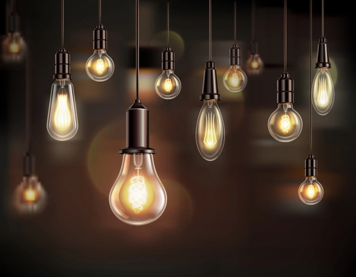 Vintage light bulbs realistic background composition with shining lamps of various shape with blurs and shadows vector illustration