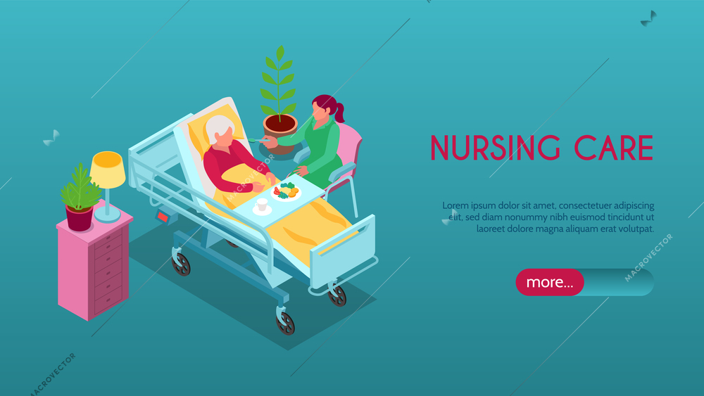 Nursing home isometric horizontal banner with personnel caring for elderly man in bed 3d vector illustration