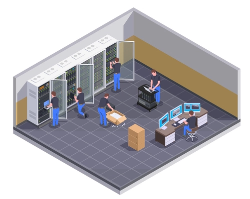 Data center facility isometric view with personnel checking server unpacking hardware equipment administrator controlling operations vector illustration