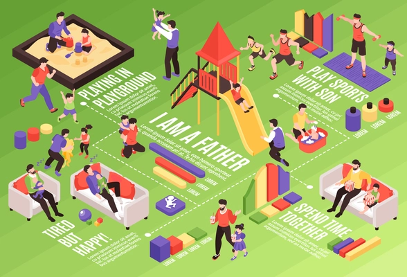 Fatherhood isometric infographics background with fathers and children together in different situations indoor and outdoor vector illustration