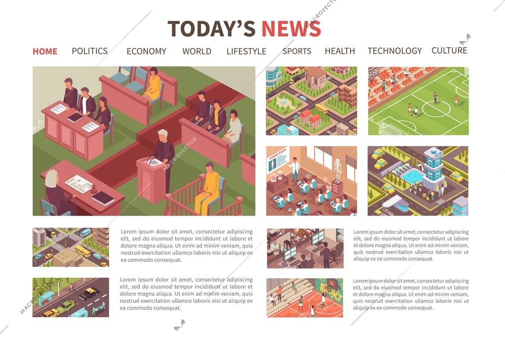Today news isometric colored web design politics economy sports health culture sections vector illustration