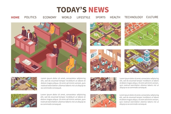 Today news isometric colored web design politics economy sports health culture sections vector illustration