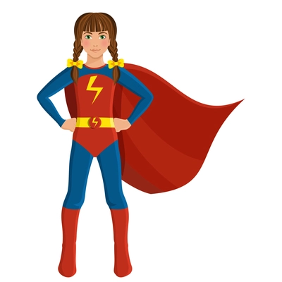 Girl kid in superhero costume with cape full length portrait isolated on white background vector illustration