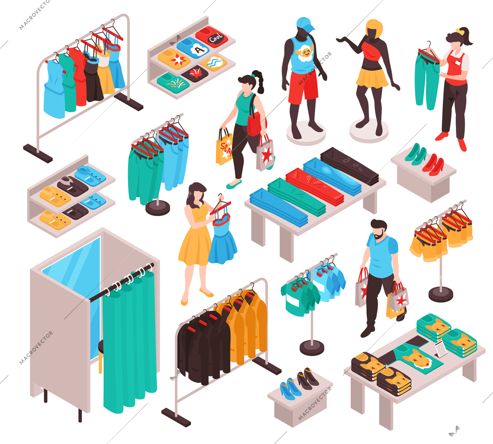 Clothing store sale display stands customers shopping choosing pants dress fitting room isometric elements set vector illustration