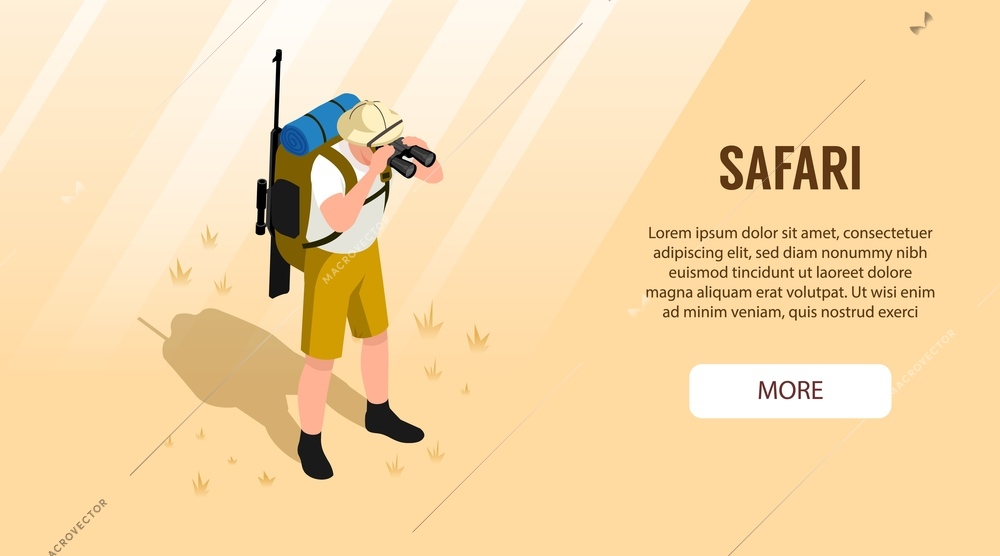 Isometric horizontal banner with safari tourist with gun looking through binoculars 3d vector illustration