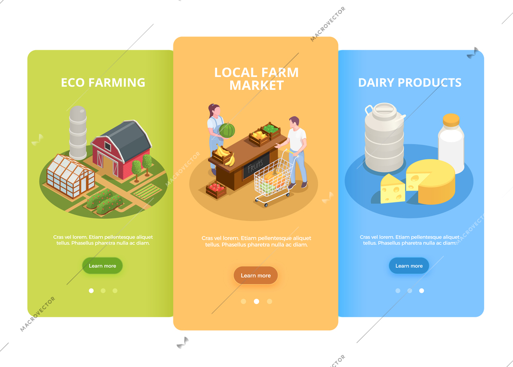 Farmers market 3 isometric vertical background web banners with local eco dairy products and vegetables vector illustration