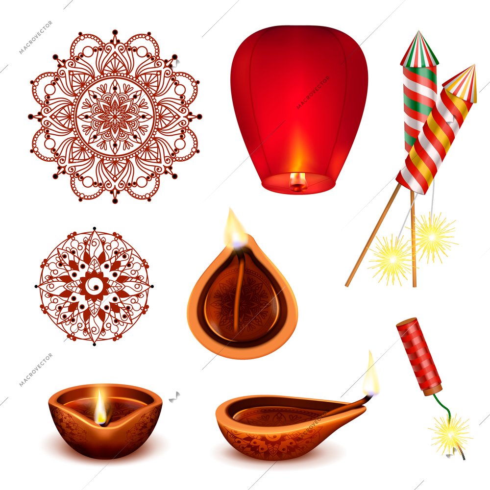 Diwali realistic set with isolated images of accessories with candles hanging paper lantern and circle patterns vector illustration