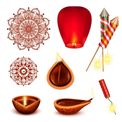 Diwali realistic set with isolated images of accessories with candles hanging paper lantern and circle patterns vector illustration