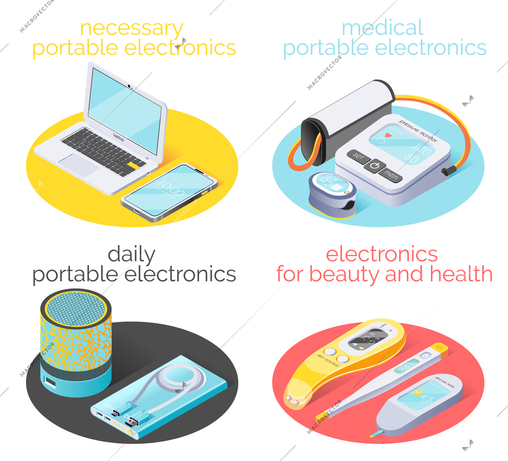 Portable electronics 2x2 design concept demonstrated necessary daily gadgets using for home work beauty and health isometric vector illustration