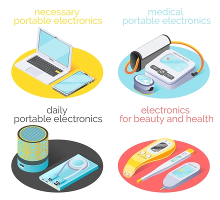 Portable electronics 2x2 design concept demonstrated necessary daily gadgets using for home work beauty and health isometric vector illustration