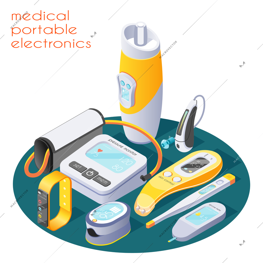 Medical portable electronics isometric composition with glucose meter pressure monitor thermometer skin tester digital devices vector illustration