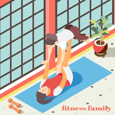 Family fitness isometric background with female characters doing acrobatic exercises in gym hall flat vector illustration