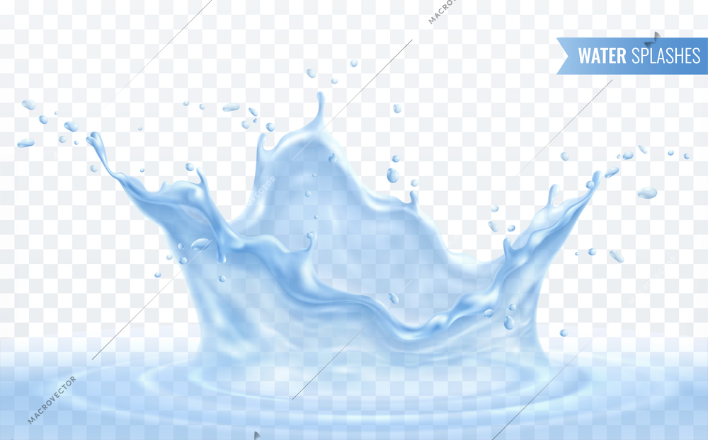 Water splash realistic composition on transparent background with detailed view of liquid drops and  water ripples vector illustration