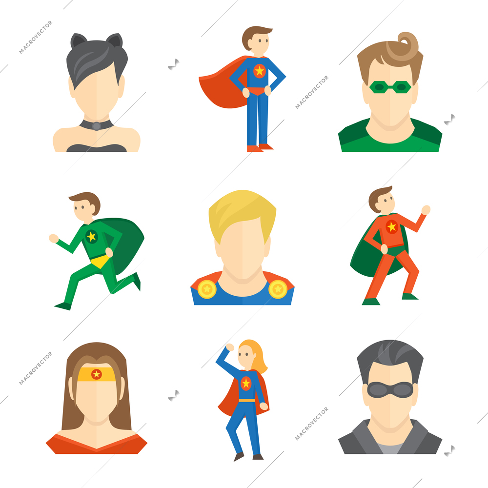 Superhero male and female avatars in masks and disguise flat set isolated vector illustration
